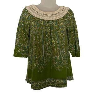 Anthropologie Meadow Rue Top Crochet Collar‎ Green Floral Small 3/4 Sleeves Boho